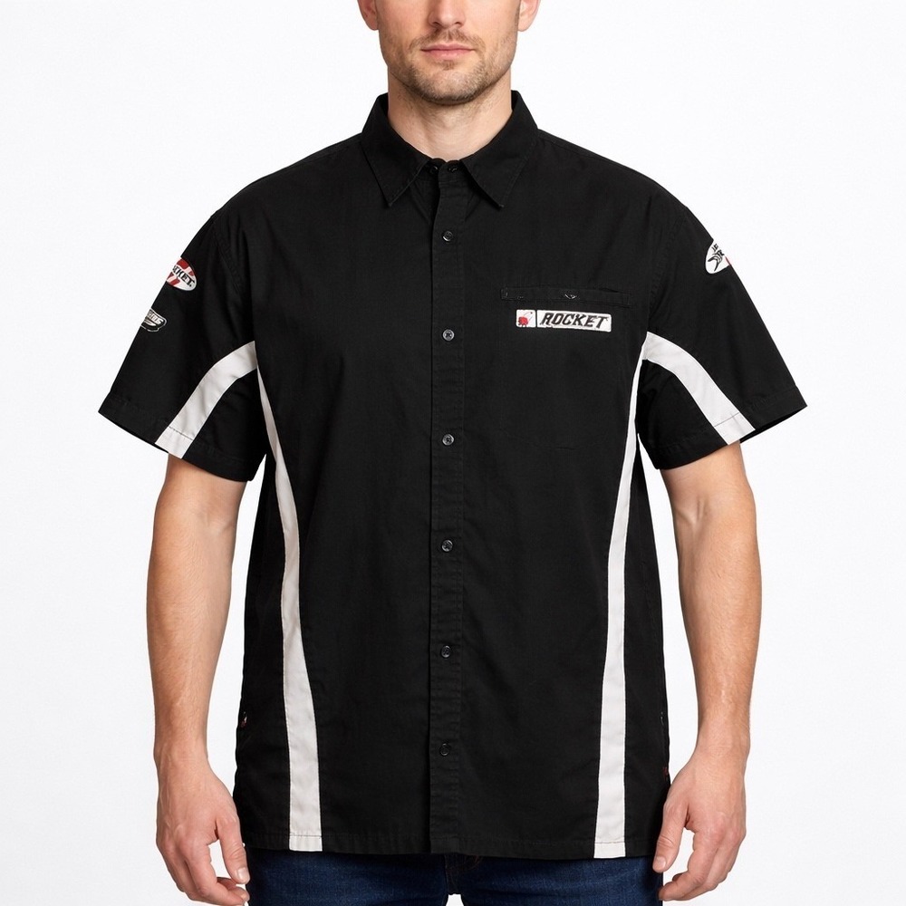 Rocket Support Crew Button Front‎ Racing Pit Shirt Black Men's XL Y2K Mechanic